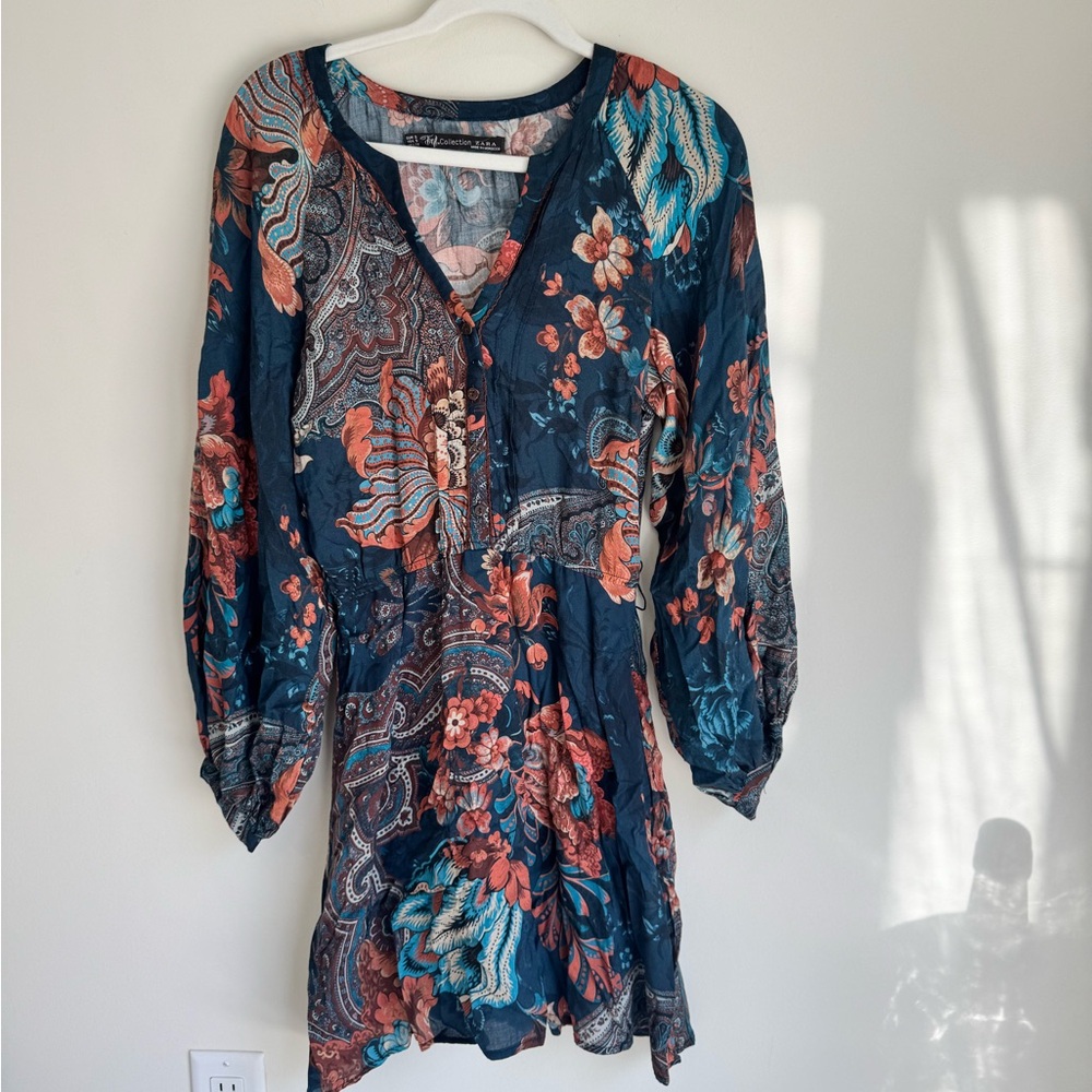 ZARA TRF Boho Floral Paisley Mini Dress Size Small Navy Multicolor